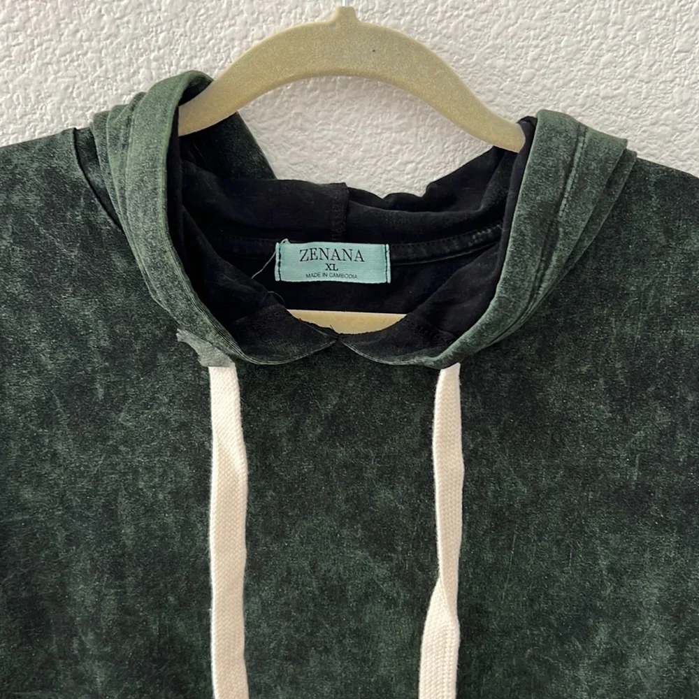 ZENANA • Green Acid Washed Hoodie Sweater Long Sleeve High-Low Dress w/ Pockets - Picture 7 of 7